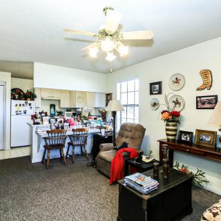 A cozy living room with an adjacent kitchen, featuring comfortable furniture and decorative wall art.
