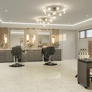 A modern hair salon interior with stylish chairs and mirrors.