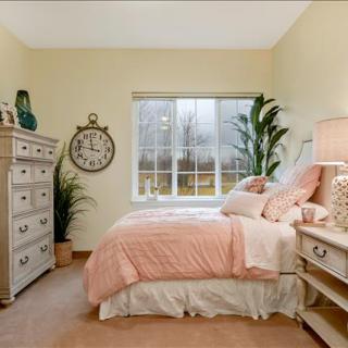 A cozy bedroom with pastel tones, featuring a bed, dresser, and potted plants by the window.