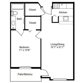 This is a floor plan of a one-bedroom apartment featuring a kitchen, living/dining area, bathroom, closets, and a patio/balcony.