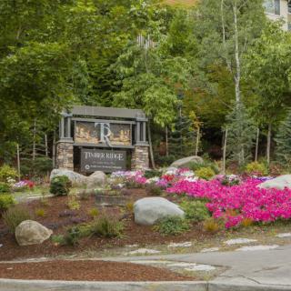 A beautiful garden with vibrant flowers and a stone structure surrounded by lush trees.