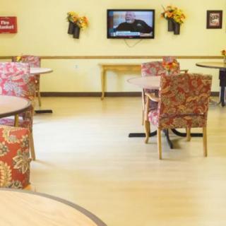 A cozy indoor space with tables and chairs, featuring a television and decorative wall-mounted flowers.