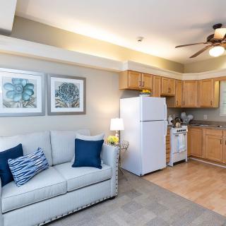 A cozy apartment living area with a small kitchen, featuring a sofa and fridge.