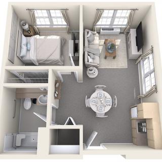 A 3D floor plan of a small apartment showing the layout of a bedroom, living room, kitchen, and bathroom.