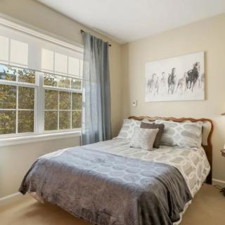 A cozy bedroom featuring a neatly made bed, soft curtains, and a decorative painting on the wall.