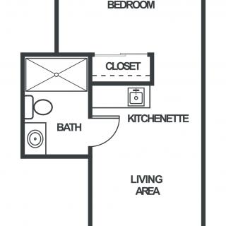 This is a simple floor plan featuring a bedroom, bathroom, closet, kitchenette, and living area.