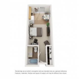 A 3D-rendered floor plan of a compact studio apartment featuring essential living spaces.