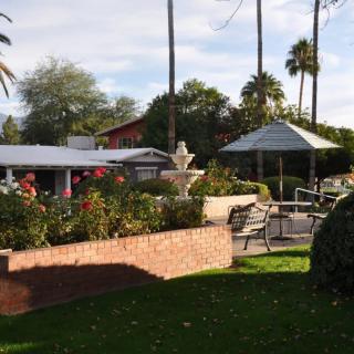 A tranquil garden with a patio area and fountain, surrounded by lush greenery and palm trees.