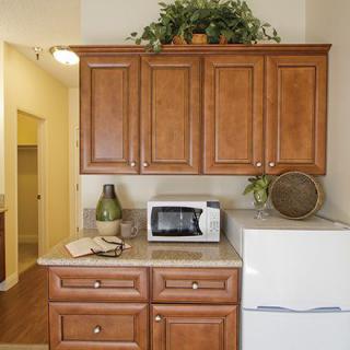 A cozy kitchen corner featuring wooden cabinets, a microwave, and decorative items on the countertop.