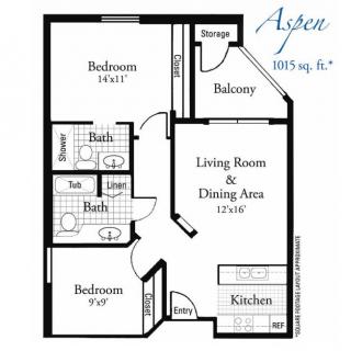 Aspen floor plan with two bedrooms, two baths, living room, dining area, kitchen, and balcony.