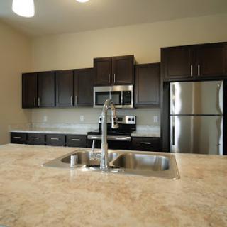 A modern kitchen featuring dark cabinets, stainless steel appliances, and a spacious countertop.