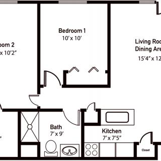 A floor plan of a two-bedroom apartment with labeled room dimensions.