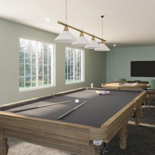 A modern billiard room featuring a pool table, stylish lighting, and a flat-screen TV.