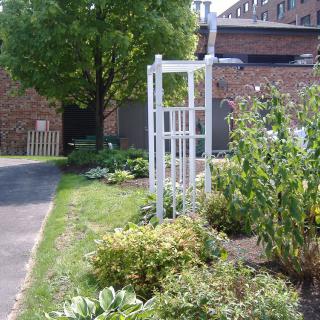 A garden with a white arbor surrounded by lush greenery and a pathway.