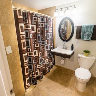 A cozy bathroom featuring a patterned shower curtain and modern fixtures.