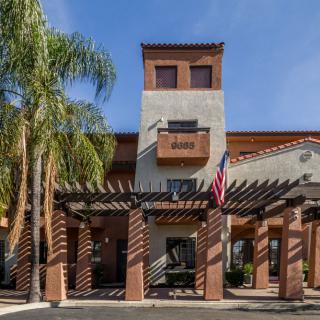A hotel exterior with palm trees and an entrance under a sunny sky.