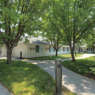A serene residential area with houses surrounded by trees and well-maintained pathways.