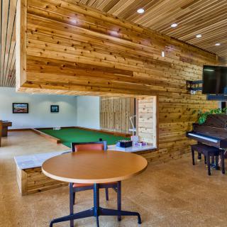 Modern game room interior featuring wood paneling, a piano, and a pool table.
