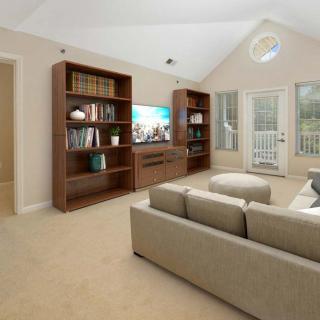 A modern living room with a cozy sofa, bookshelves, and a TV for entertainment.