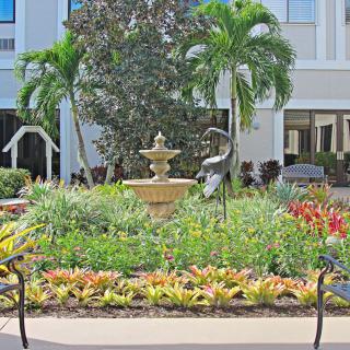 A beautifully landscaped garden featuring a central fountain, blooming flowers, and benches for relaxation.