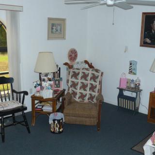 A cozy living room setting featuring a person sitting on a chair with a cushion, surrounded by various furniture and decor elements.