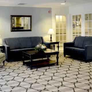 A cozy living room with elegant furnishings, including dark sofas, a patterned carpet, and a central coffee table.