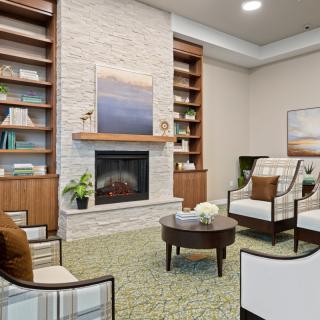 A modern and cozy living room with a fireplace, armchairs, and bookshelves.