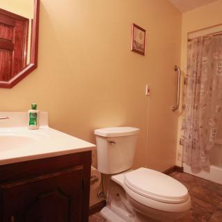 A cozy bathroom with a toilet, sink, and shower area.