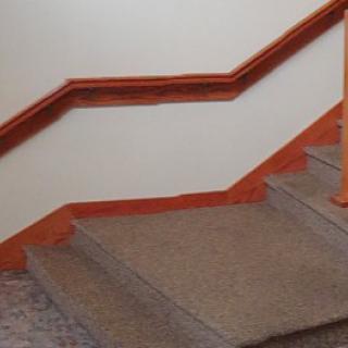 A carpeted indoor staircase with wooden handrails.