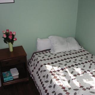 A cozy bedroom with a neatly made bed, nightstand, flowers, and books.