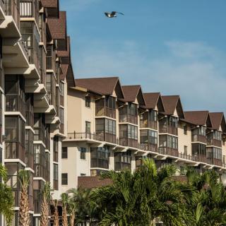A row of apartment buildings with balconies, under a clear blue sky, surrounded by palm trees.