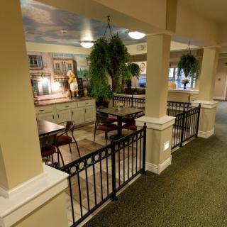 A cozy restaurant interior with tables, chairs, and decorative plants.