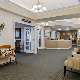 A welcoming lobby with comfortable seating and a reception desk.