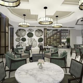 Modern restaurant interior with elegant seating and unique lighting fixtures.