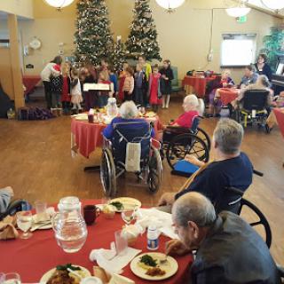 A festive holiday celebration with senior citizens enjoying a performance amidst decorated Christmas trees.