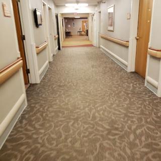 A well-lit hallway with patterned carpet and wooden doors.