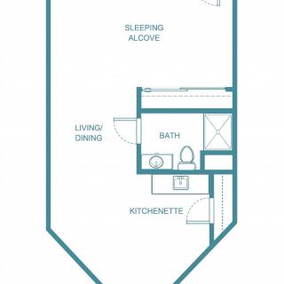 Studio apartment floor plan with a sleeping alcove, living/dining area, kitchenette, and bathroom.