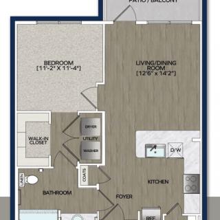 A floor plan of a one-bedroom apartment, featuring a living room, kitchen, bathroom, and patio.