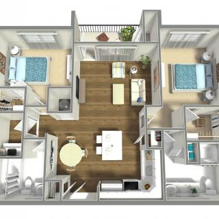 A 3D floor plan of a modern apartment with two bedrooms, a living room, kitchen, dining area, and balcony.