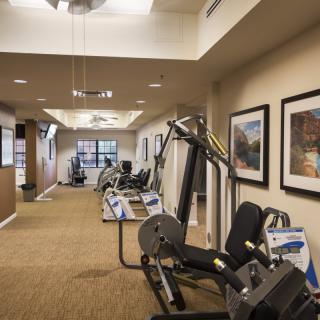 A well-equipped gym interior with various fitness machines and artwork on the walls.