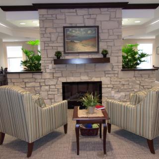 A cozy living room setup featuring a stone fireplace flanked by two striped armchairs and decorated with lush green plants.
