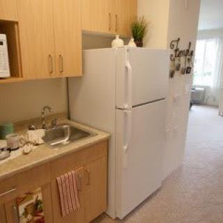 A compact apartment kitchen with a refrigerator, sink, and wooden cabinets.