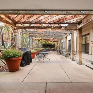 A cozy outdoor patio area with tables and chairs under a vine-covered pergola.