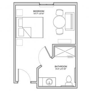 A simple floor plan showing a layout with a bedroom and an attached bathroom.