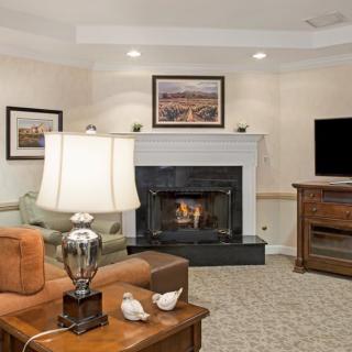 A cozy living room featuring a fireplace, comfortable seating, and modern decor.