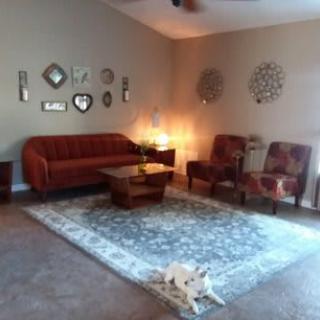 A cozy living room with vintage furniture and a dog relaxing on the rug.