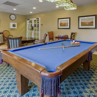 A cozy game room featuring a blue pool table surrounded by elegant furniture and decor.