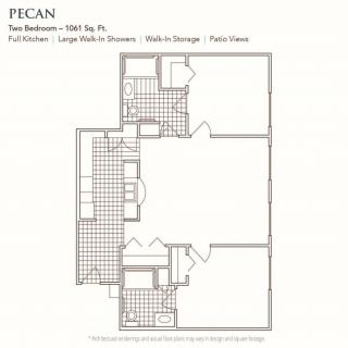 Floor plan of a two-bedroom apartment named 'PECAN' with features like tall chimney, large kitchen pantry, built-in storage, and patio access.