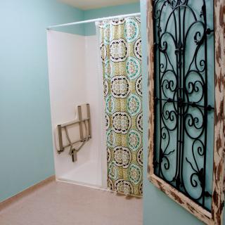 An accessible bathroom with a shower featuring grab bars and a patterned curtain, alongside a decorative wall piece.