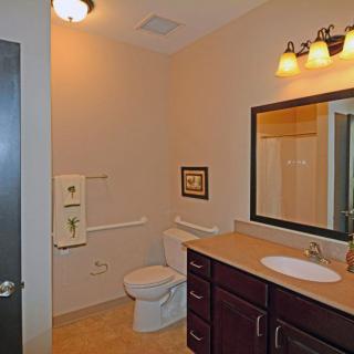 A modern bathroom featuring a vanity with a sink and mirror, alongside a toilet and towel rack.